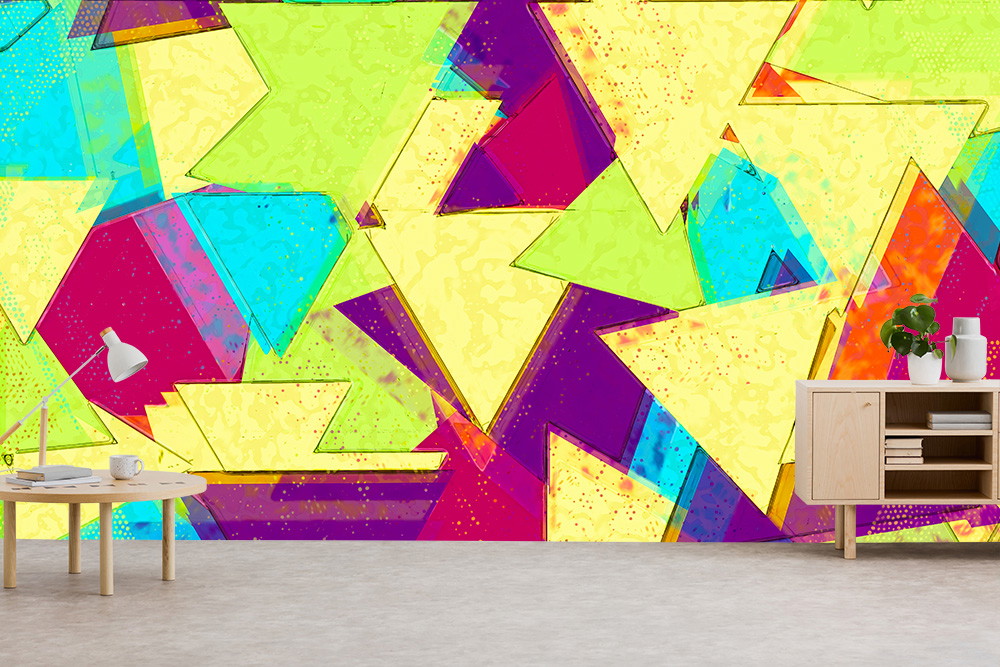 Wall mural - Abstract colourful geometric shapes with triangles in vibrant colours in the room