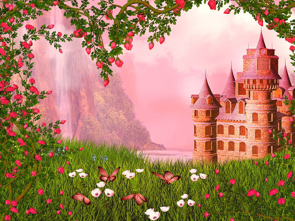 Wall mural - Castle surrounded by blooming roses and butterflies in an idyllic landscape with pink sky