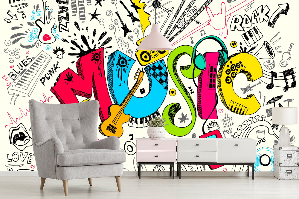 Wall mural - Living room with colourful music graffiti wallpaper and grey armchair