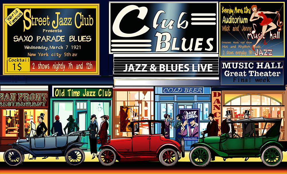 Fototapete - Illustration einer belebten Straße in den 1920er Jahren mit Jazzclubs, Oldtimern und Menschen in eleganter Kleidung