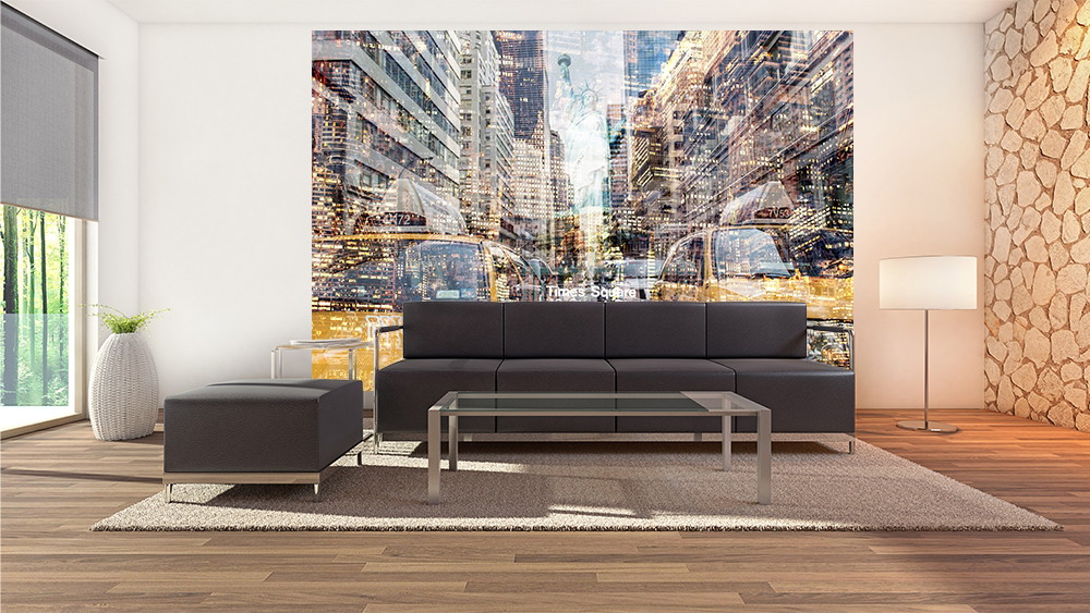 Fototapete - Stilvolles Wohnzimmer mit großem Stadtbild als Wanddekoration im urbanen Design