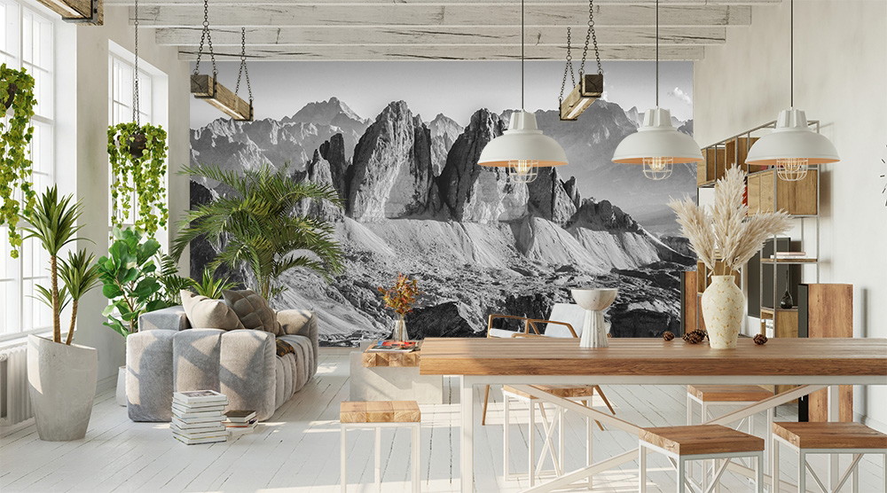 Papier peint photo - Intérieur moderne avec un paysage de montagne noir et blanc, des plantes et des meubles en bois