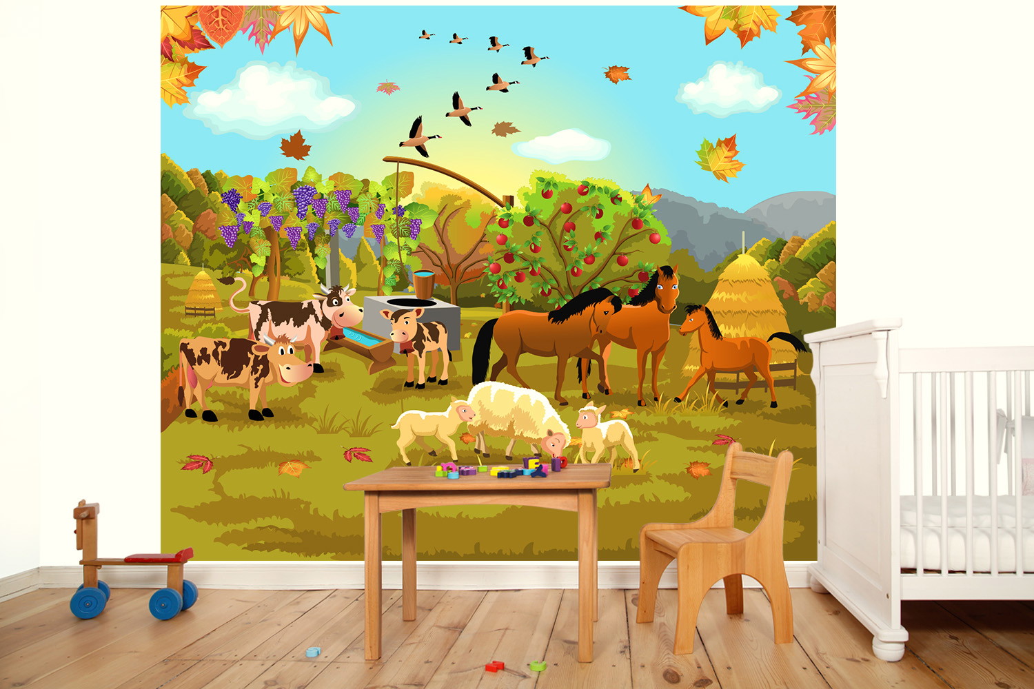 Fototapete - Cartoon-Tiere wie Kühe, Pferde und Schafe auf einer bunten Bauernhofwiese im Herbst mit Blättern und Obstbäumen