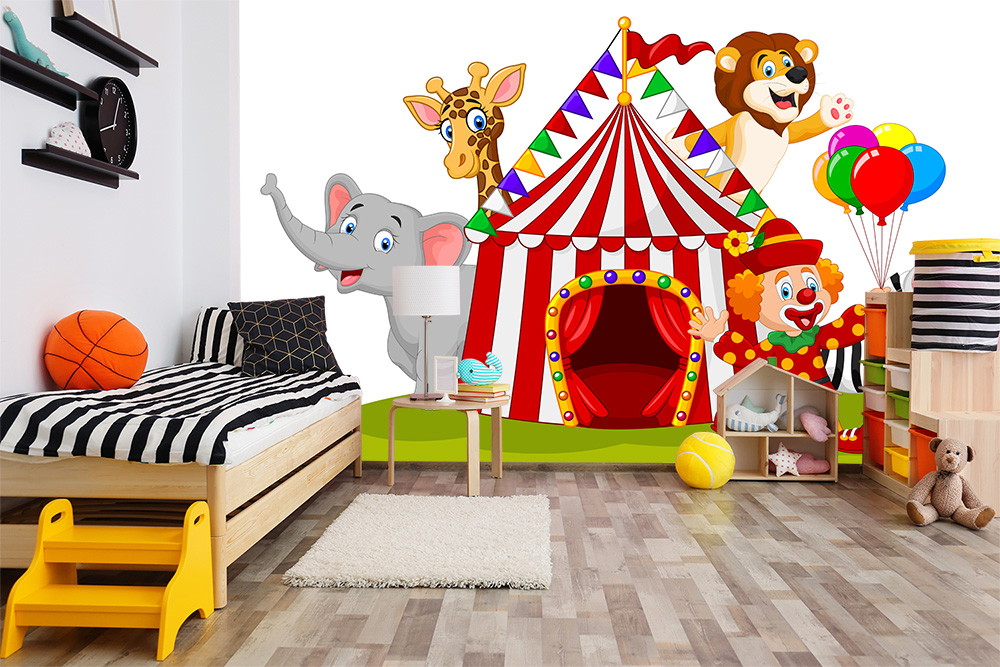 Fototapete - Bunte Zirkuswelt mit Clown, Giraffe, Elefant und Löwe im Kinderzimmer