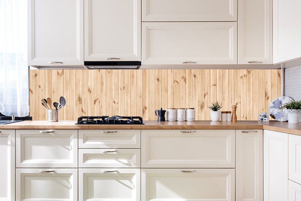 Küchenrückwand Alu-Dibond mit bedrucktem Motiv - Helle Holzerträfelung