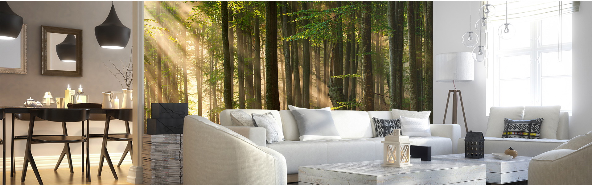 Fototapete - Wald mit Sonnenstrahlen in einem Wohnzimmer