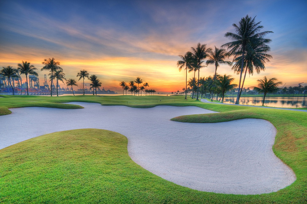 Wall mural - Picturesque view of a golf course at sunrise with palm trees and sand bunkers