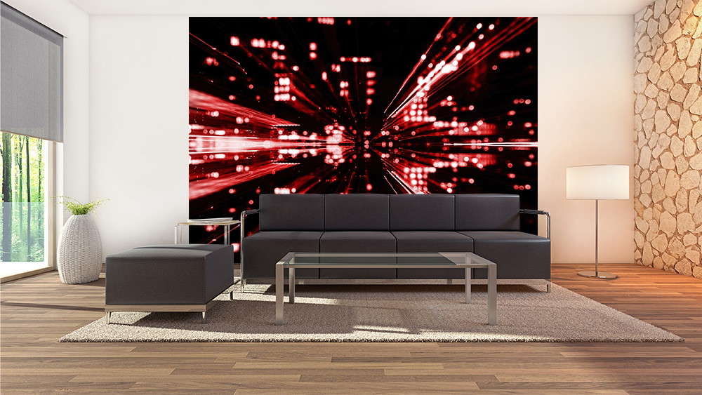 Fototapete - Wohnzimmer mit schwarzem Sofa und auffälliger Wand mit rotem LED-Lichtmuster