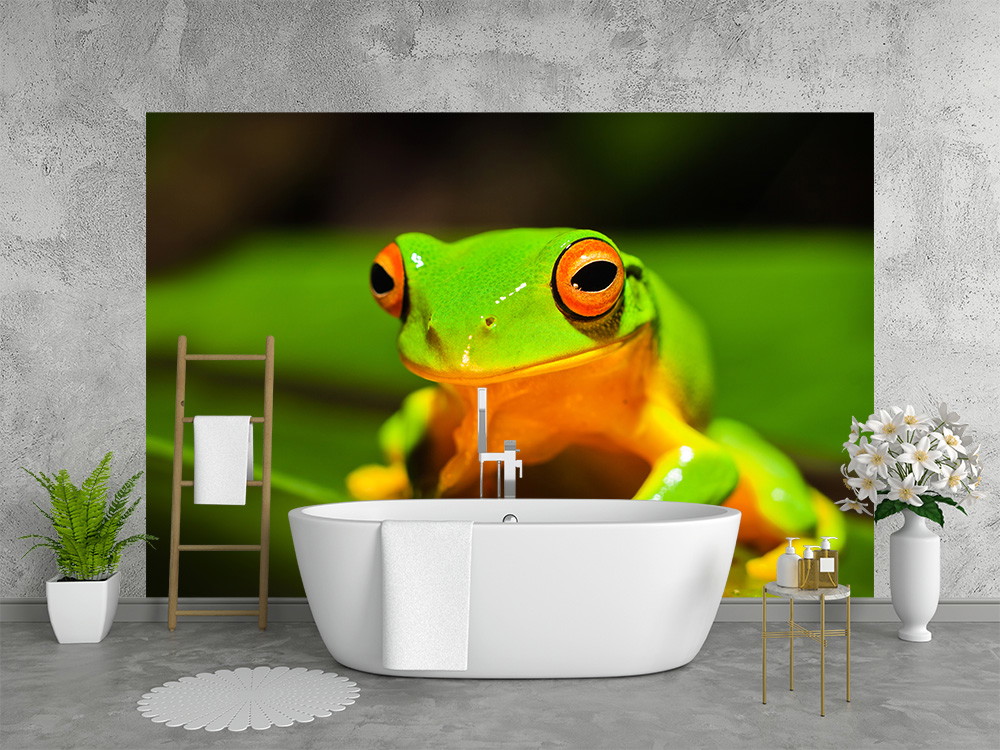 Fototapete - Nahaufnahme eines grünen Baumfrosches als Dekoration im Badezimmer neben Badewanne und Pflanzen