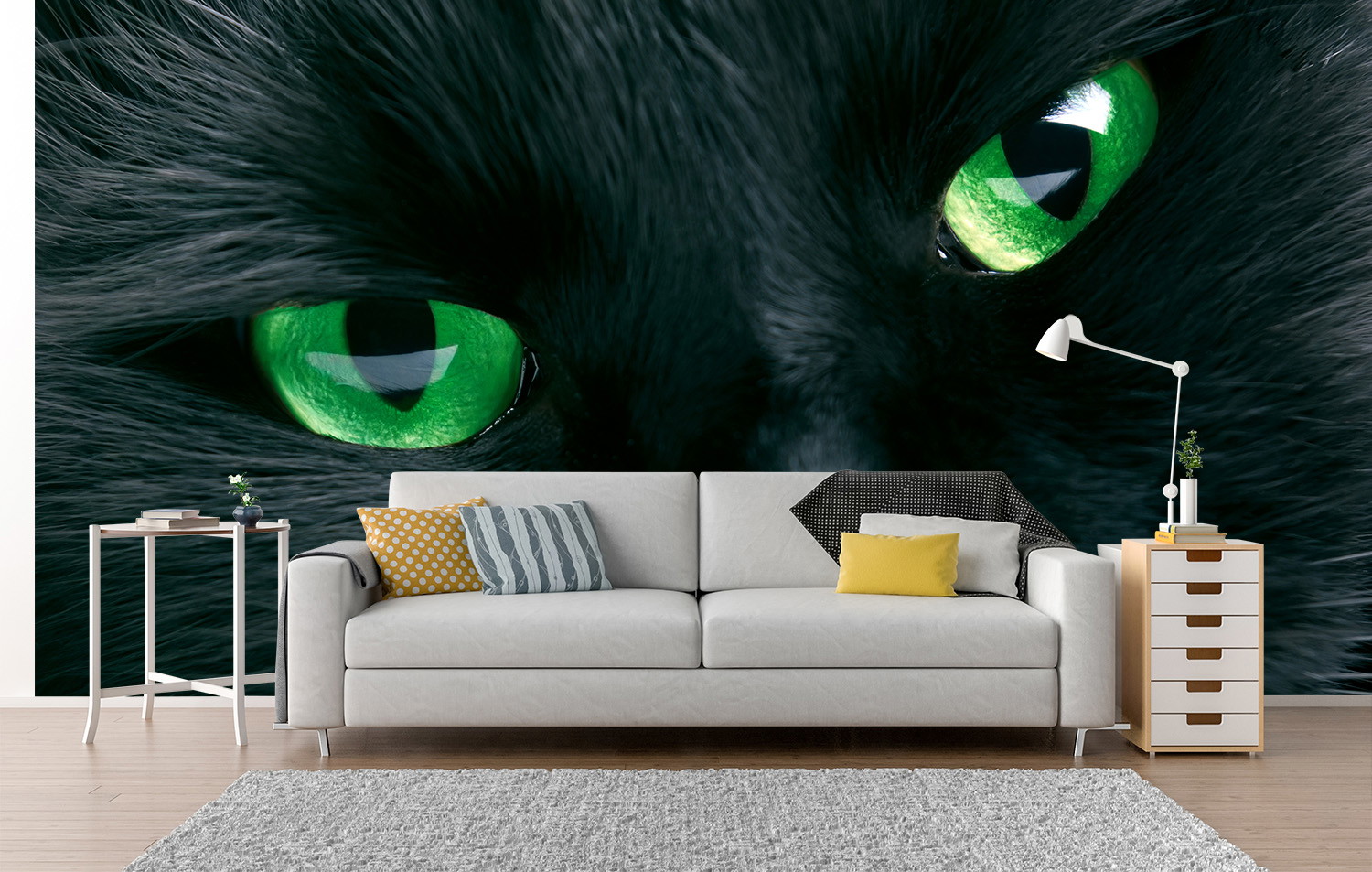 Fototapete - Nahaufnahme von leuchtend grünen Katzenaugen, die ein stilvolles Wohnzimmer schmücken