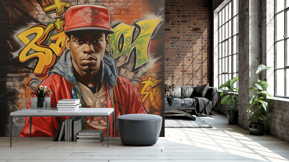 Fototapeta - Graffiti na ceglanej ścianie w nowoczesnym pokoju z roślinami i meblami