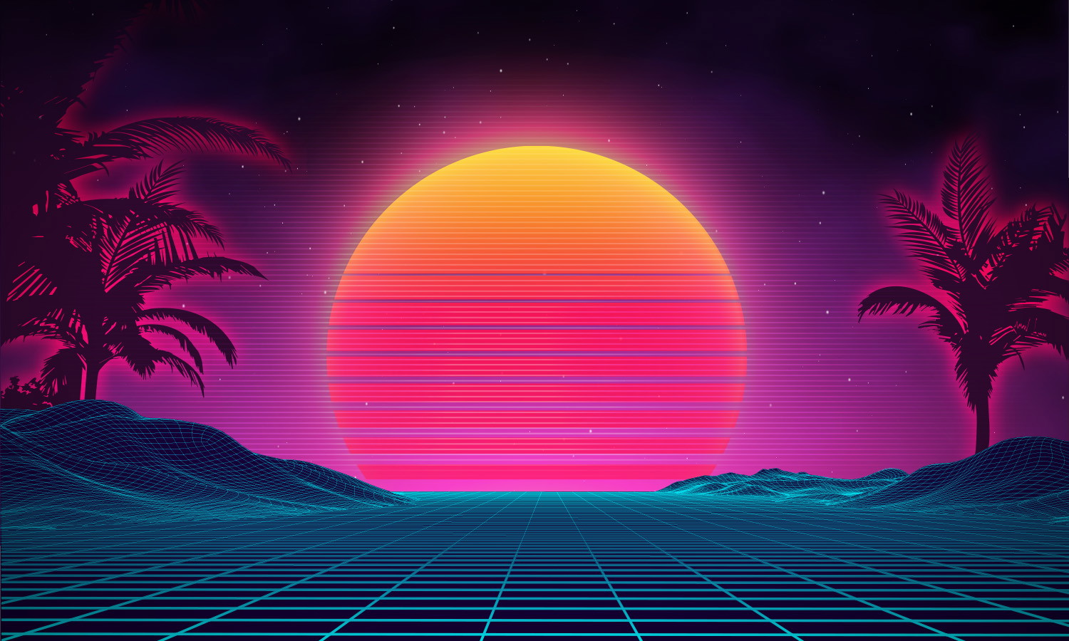 Muurschildering - Neonkleurig retrofuturistisch landschap met zonsondergang, palmbomen en een digitaal raster op de voorgrond