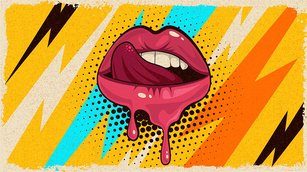 Fototapeta - Ilustracja ust w stylu pop art z dynamicznym, kolorowym tłem