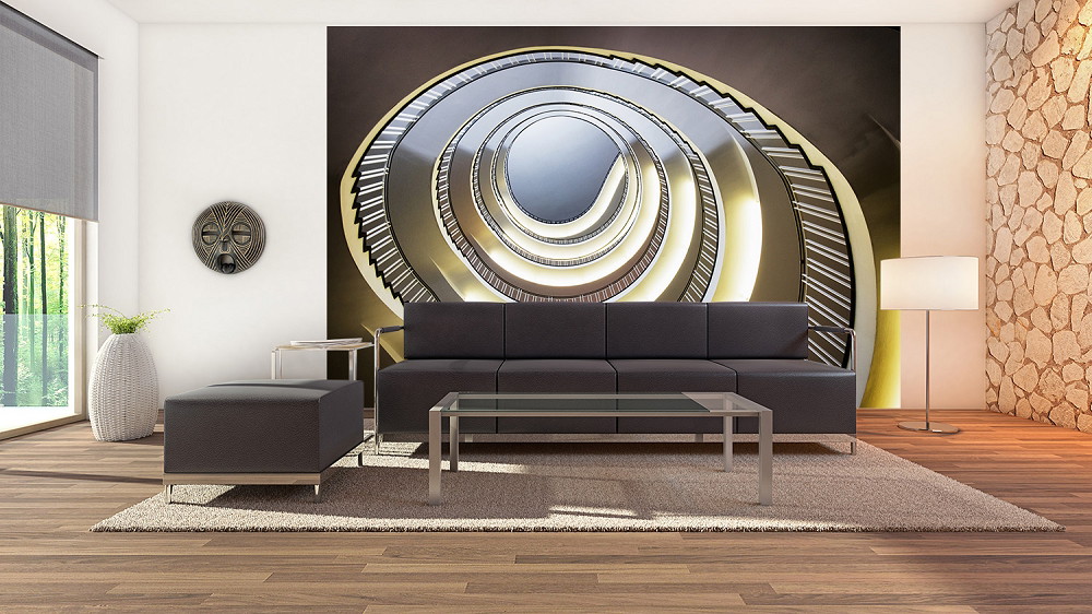 Fototapete - Innenraum mit moderner Couch und Wandbild einer Spiraltreppe