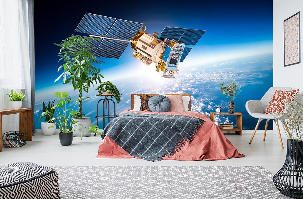 Fototapete - Satellit schwebt über der Erde in einem stilvoll eingerichteten Schlafzimmer