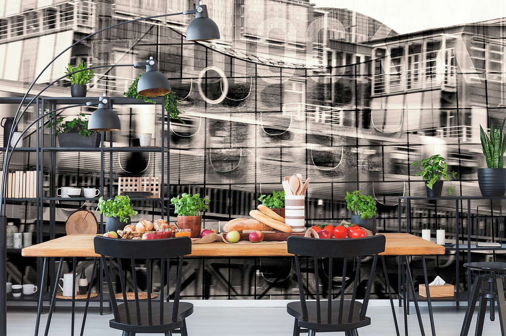 Fototapete - Essbereich mit industrialem Design, urbanem Stadtbild und frischen Zutaten auf dem Tisch