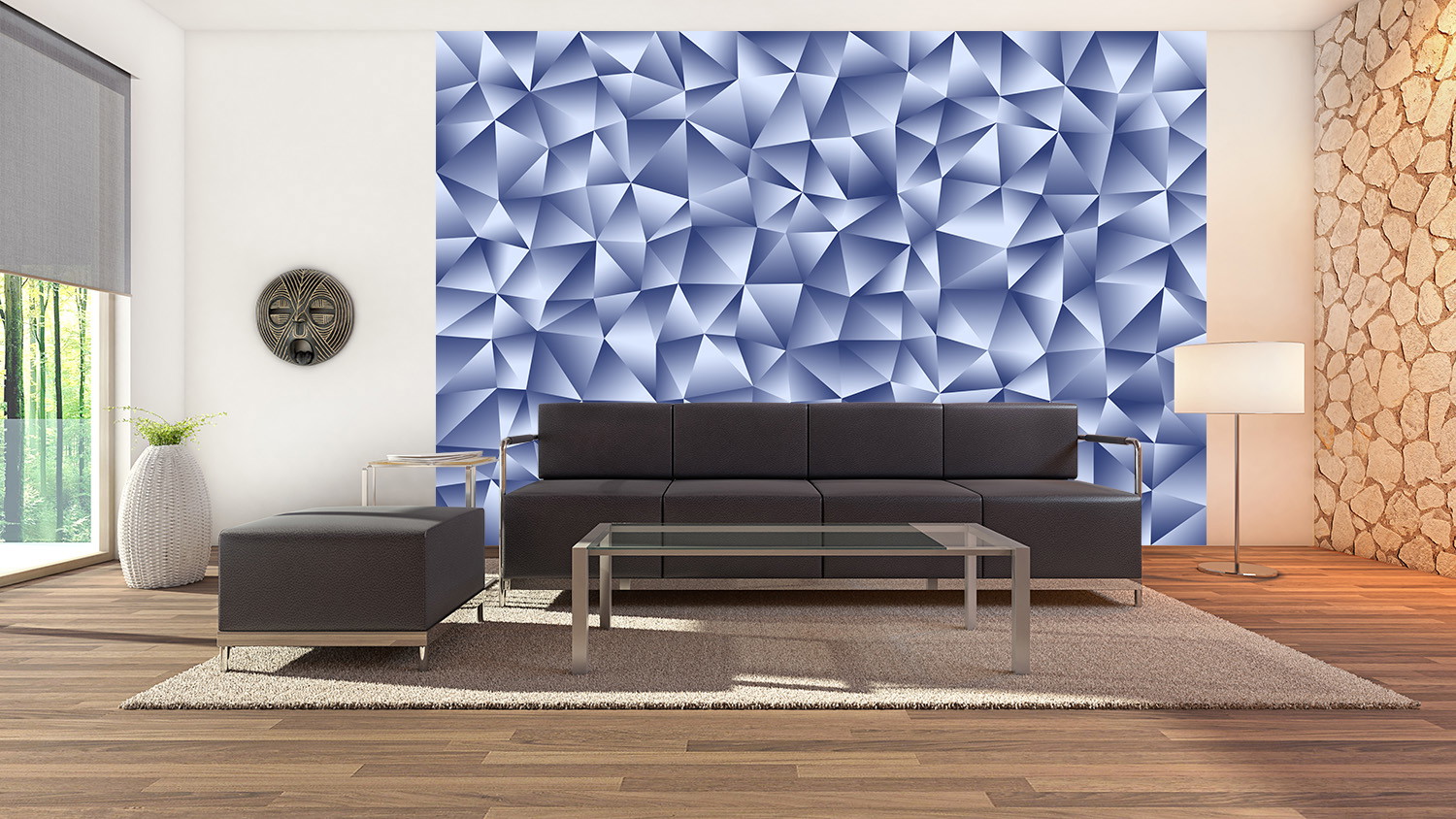 Fototapete - Wohnzimmer mit moderner geometrischer Wanddekoration und grauem Sofa