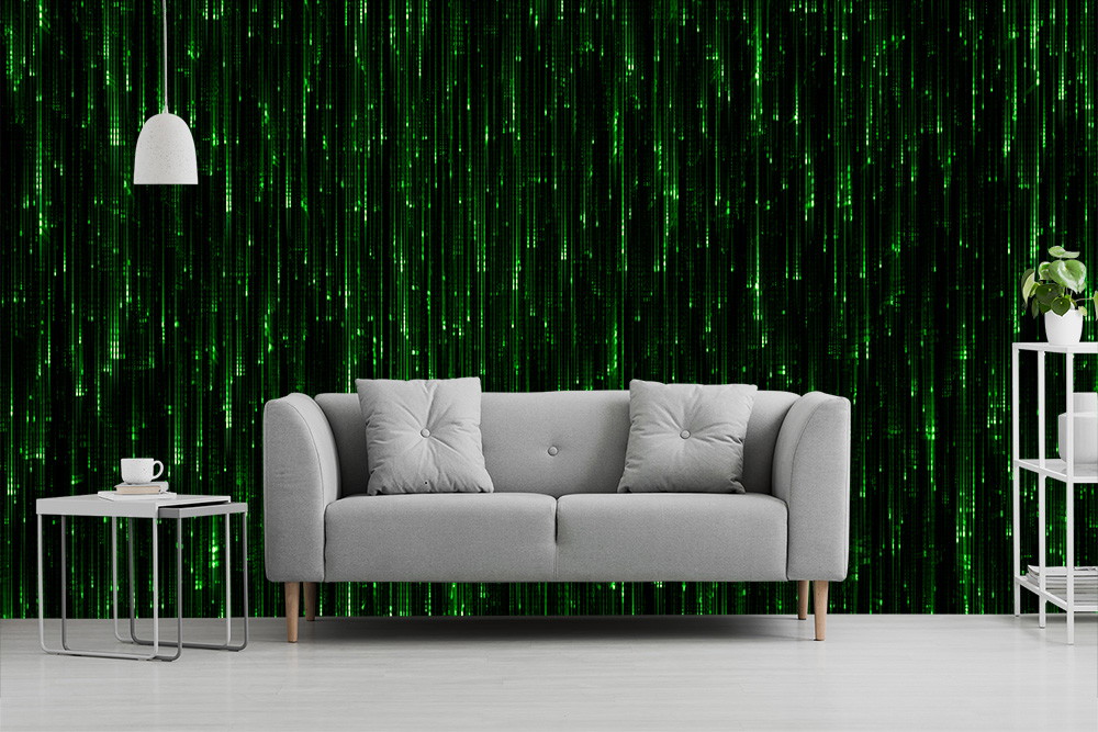 Papier peint photo - canapé gris devant un motif numérique vert comme papier peint mural dans le salon