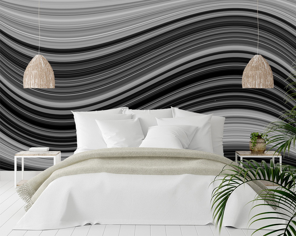 Fototapete - Schlafzimmer mit modernem Wellendesign in Schwarz-Weiß und stilvollen Accessoires
