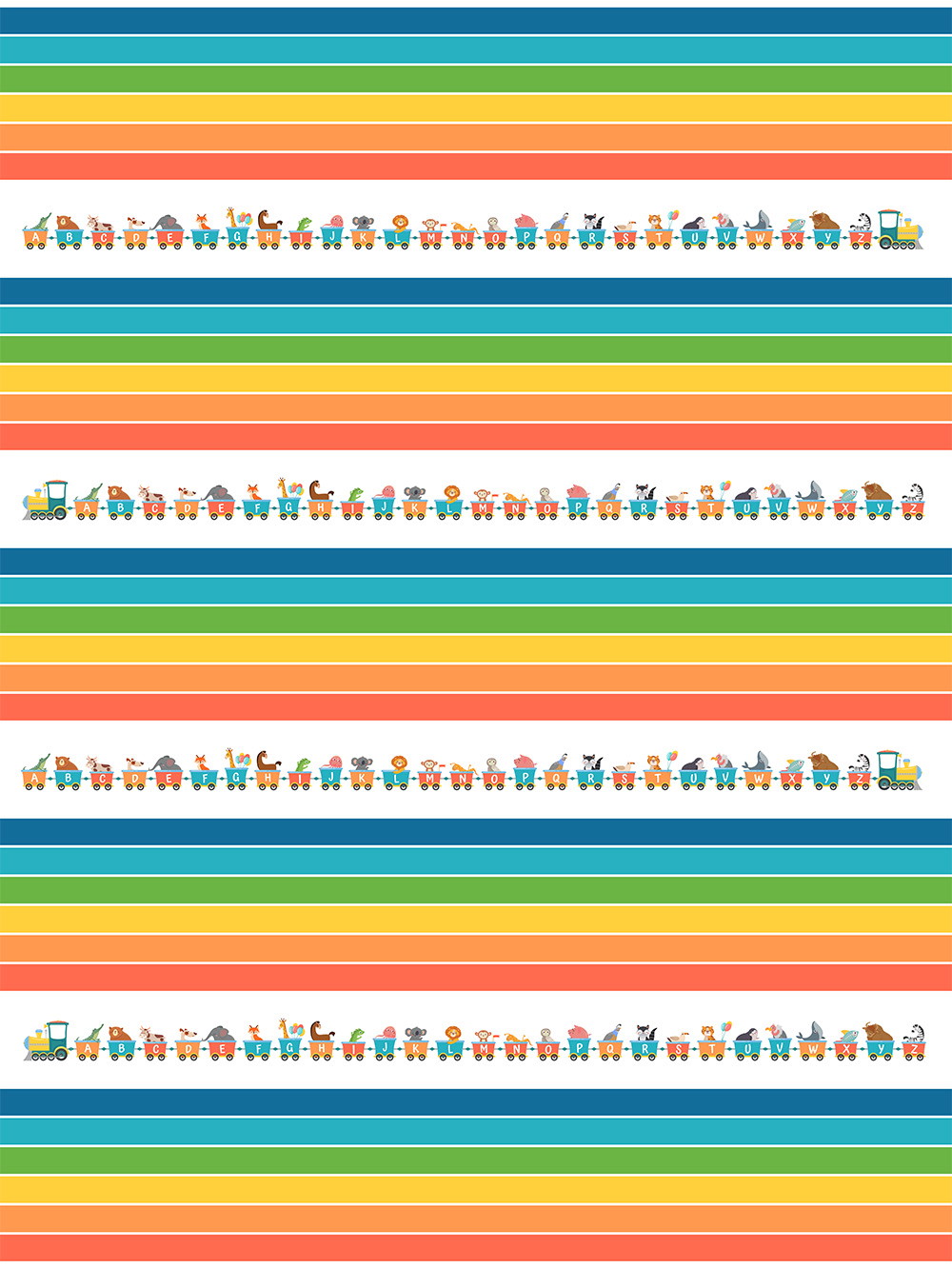 Fototapete - Farbenfroher Zug mit Alphabet-Buchstaben und Tieren auf einem gestreiften Hintergrund