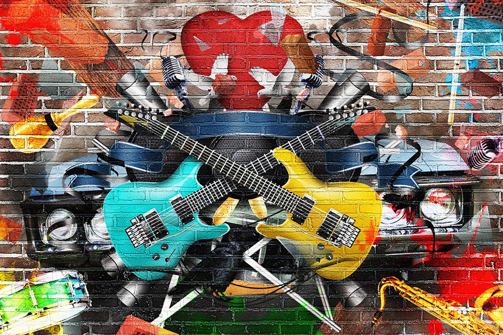 Wall mural - Colourful graffiti wall with crossed electric guitars, microphones and musical instruments on brick