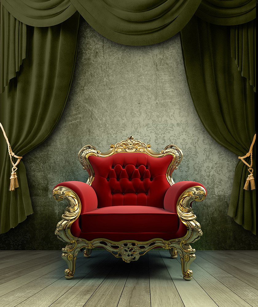Papier peint photo - Somptueux fauteuil en velours rouge devant un mur vert avec de lourds rideaux