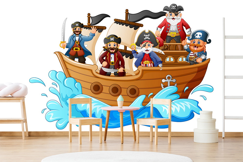 Wall mural - Cheerful pirate figures on a wooden ship with waves in the background, decorated in a bright children's room