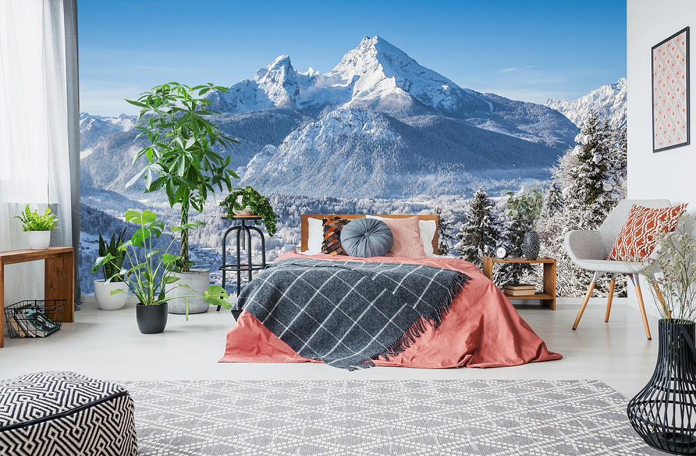 Wall mural - Bedroom with cosy bed and great mountain view in the background