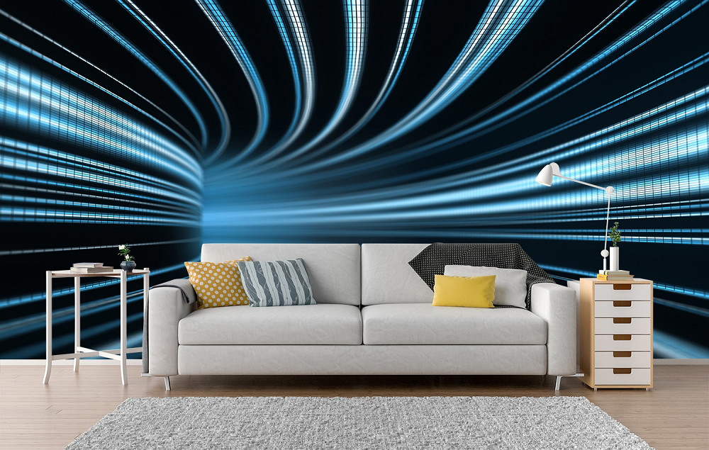 Muurschildering - Futuristisch blauw digitaal effect als muurdecoratie achter een grijze bank in de woonkamer