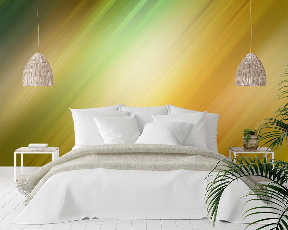 Fototapete - Schlafzimmer mit weißem Bett und einer Wand mit grünen und gelben Farbverläufen, seitlichen Nachttischen und Hängeleuchten