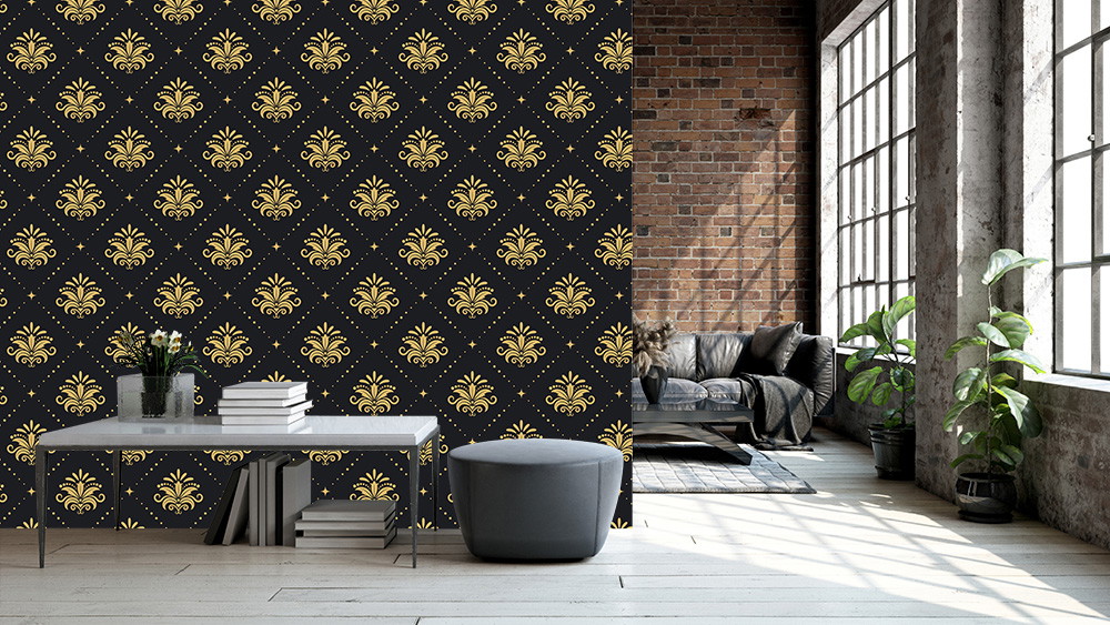 Fototapete - Stylisches Wohnzimmer mit schwarzer Tapete und goldenen Mustern, kombiniert mit Ziegelwand und großen Fenstern