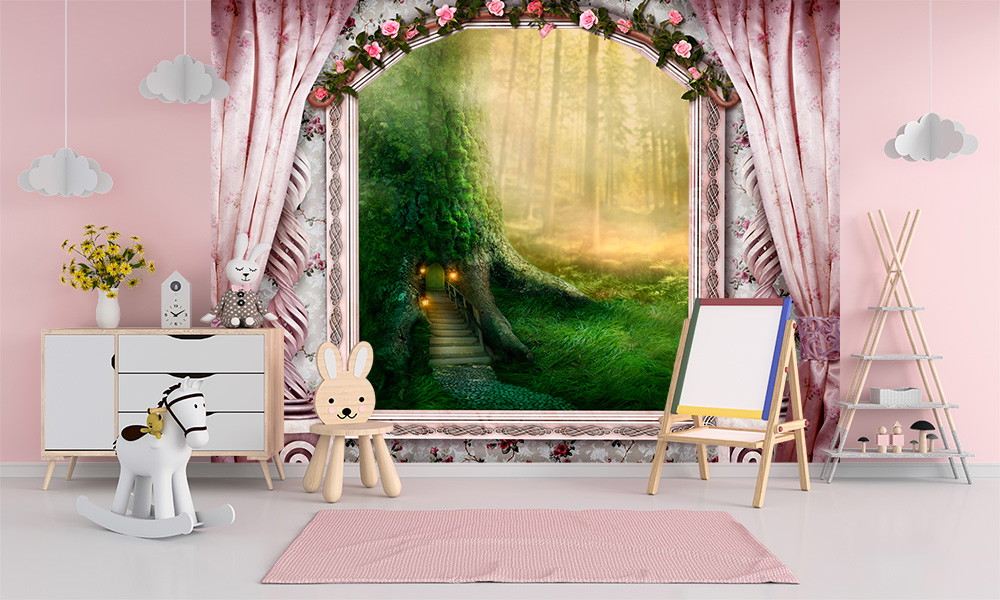 Fototapete - Kinderzimmer mit Märchen-Waldmotiv und verspielter Dekoration