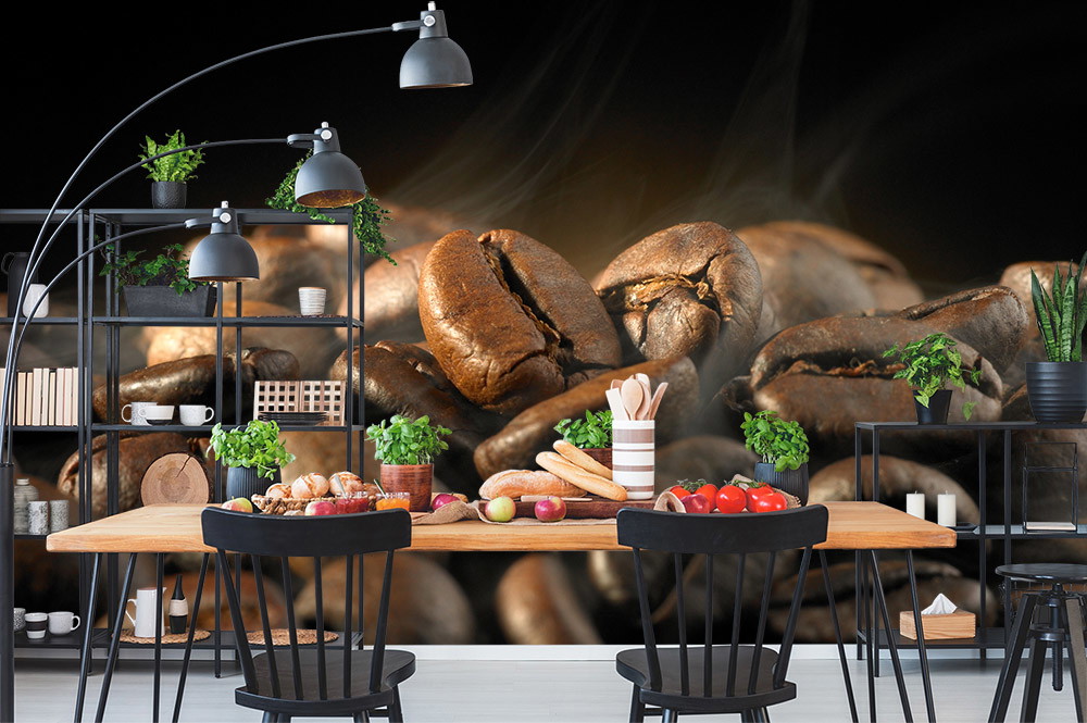 Wall mural - Dining room with wooden table, black chairs, shelves and giant coffee beans as background