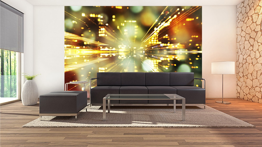 Fototapete - Wohnzimmer mit einer Fototapete von leuchtenden Linien und urbanen Lichteffekten hinter einer modernen Couch