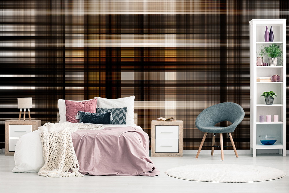 Papier peint photo - Chambre à coucher élégante avec lit, tables de nuit, étagère et motif à carreaux abstrait sur le mur