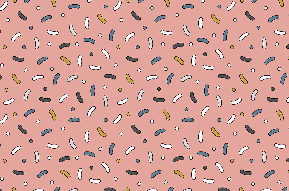 Fotobehang - Roze achtergrond met een speels, abstract patroon van kleurrijke krullen en stippen