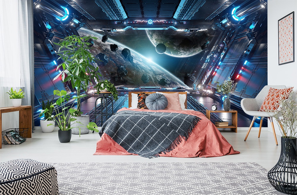 Fototapete - Schlafzimmer mit futuristischer Weltraum-Tapete und moderner Einrichtung