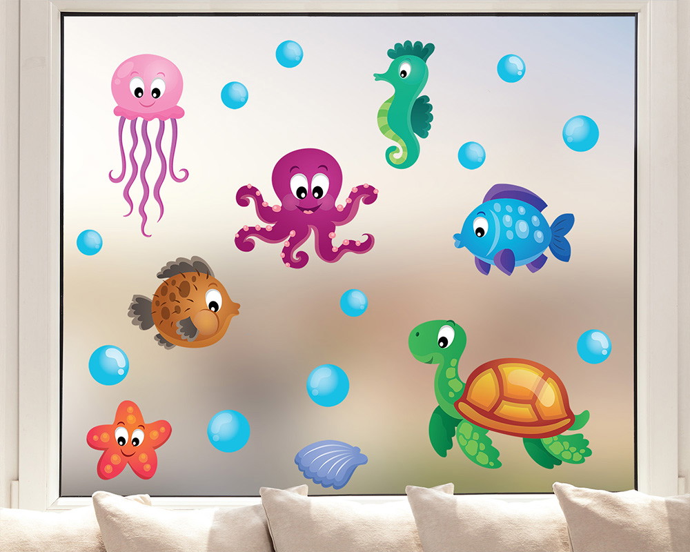 Fenstersticker - Meerestiere mit Fischen, Qualle, Seepferdchen etc. für Kinderzimmer