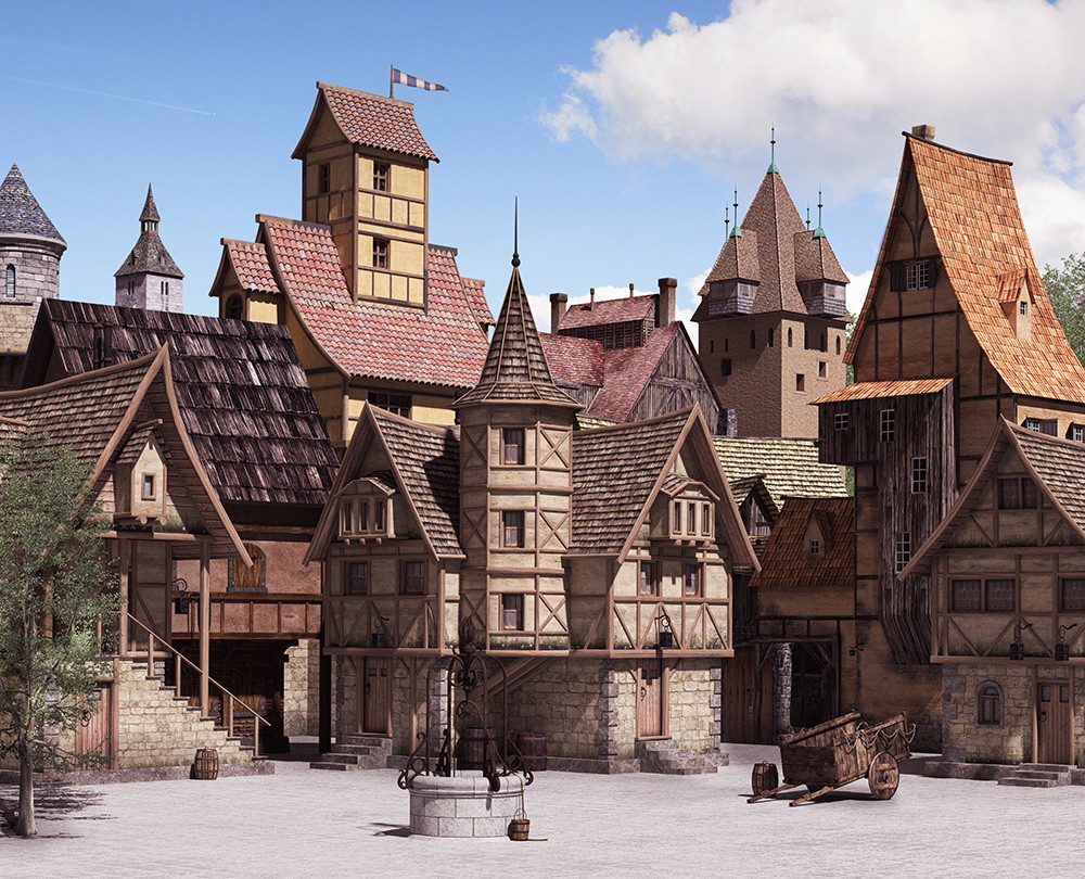 Wall mural - Picturesque medieval village with half-timbered houses and cobbled square on a sunny day