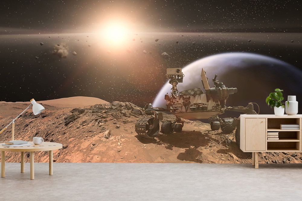 Muurschildering - Ruimtesonde verkent het rotsachtige oppervlak van een verre planeet met de zon op de achtergrond
