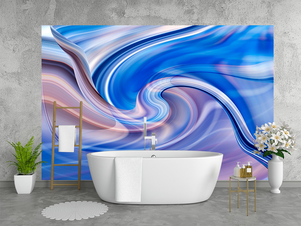 Fototapete - Badezimmer mit freistehender Badewanne und blauer abstrakter Wirbelmuster-Wanddekoration