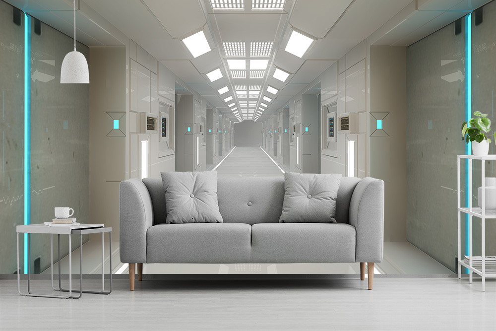 Fototapete - Graue Couch vor einer gewölbten Wand mit futuristischem Korridormotiv, das eine moderne, minimalistische Wohnzimmereinrichtung unterstreicht