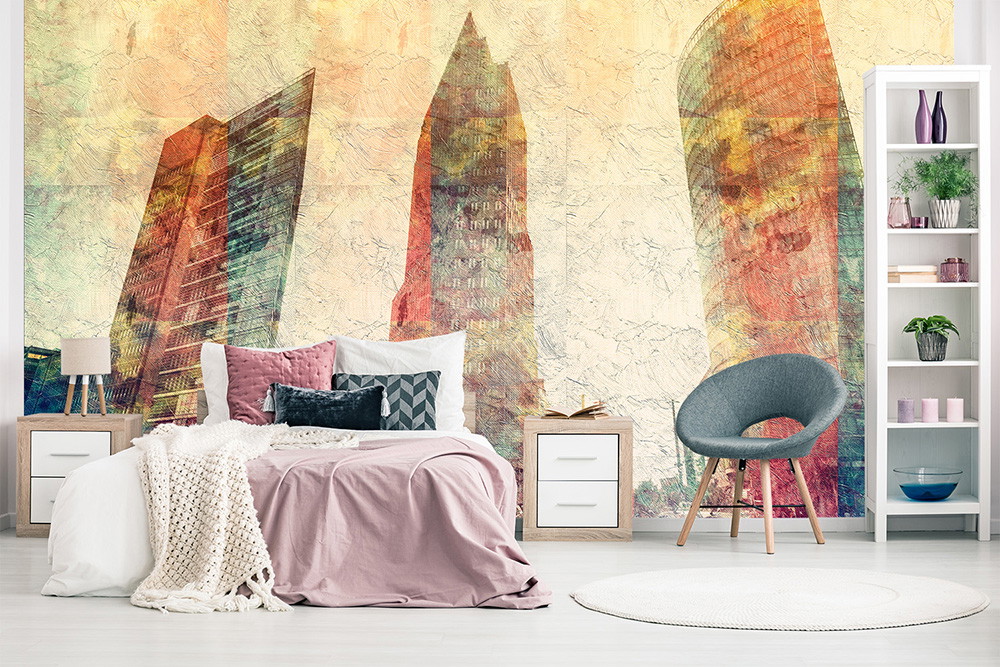 Fototapete - Künstlerische Darstellung von Wolkenkratzern über einem Bett in einem modernen Schlafzimmer