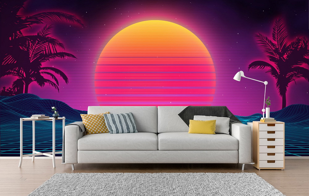 Fototapeta ścienna - retro-futurystyczny wzór z promiennym zachodem słońca, palmami i geometrycznymi kształtami w salonie