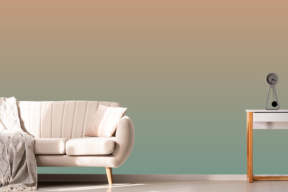 Papier peint photo - Salon moderne avec canapé beige, couverture et table sur un mur dégradé stylé
