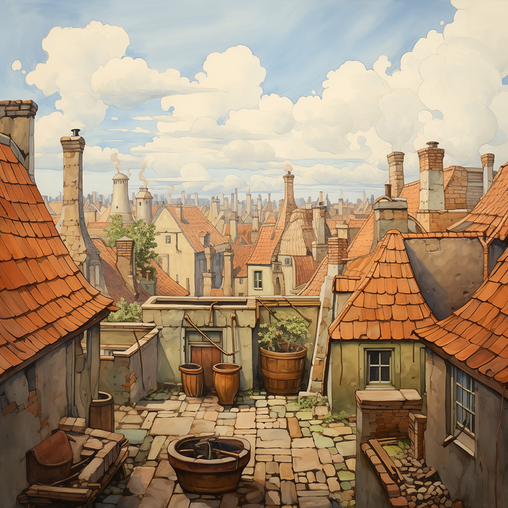 Muurschildering - Historisch stadsgezicht met pannendaken, schoorstenen en een wijde lucht met wolken.