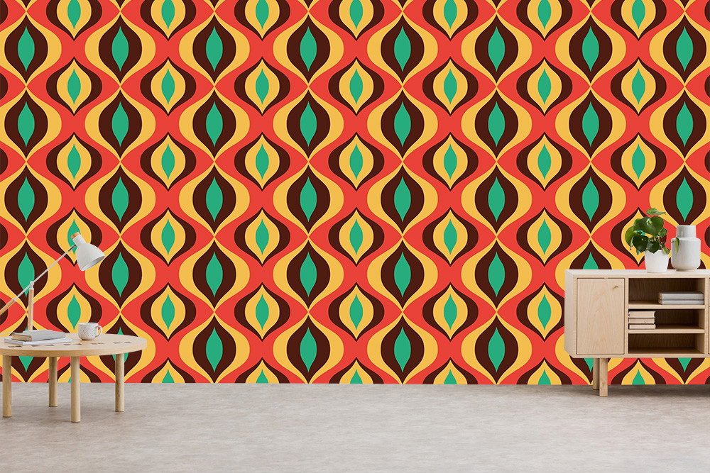 Fototapete - Wohnzimmer mit Retro-Muster in warmen Farben und minimalistischem Möbelstück