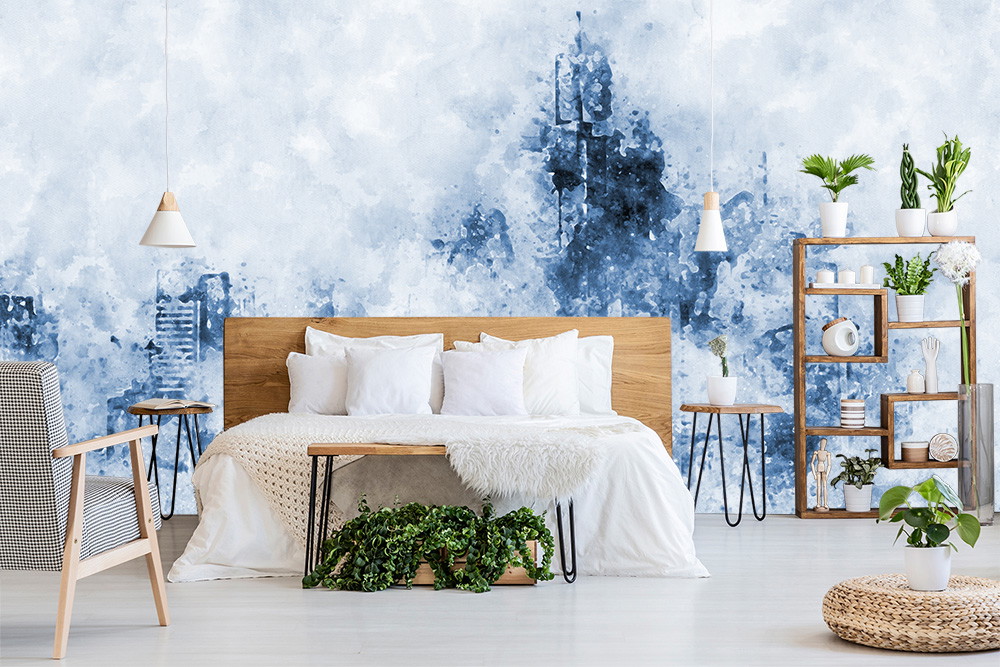 Wall mural - Elegant bedroom with abstract cityscape in blue and white, wooden shelves and green plants