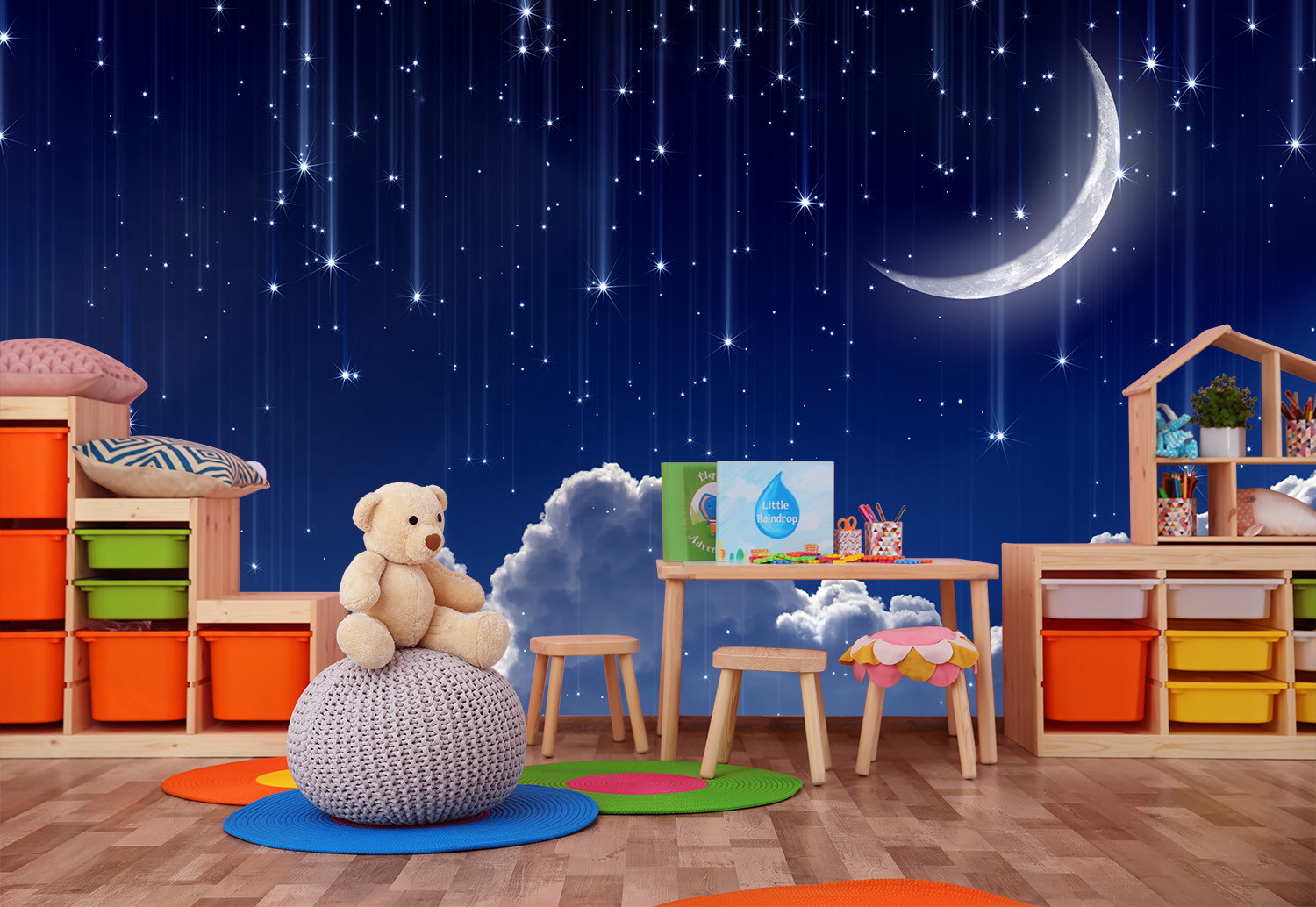 Fototapete - Gemütliches Kinderzimmer mit Spielmöbeln und dekorativer Sternenhimmel-Tapete mit Mond und Wolken