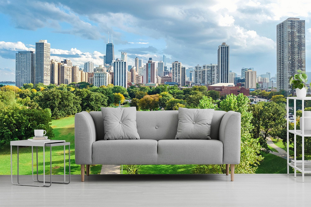 Wall mural - Modern city view with skyscrapers and green park, ideal for living room decoration